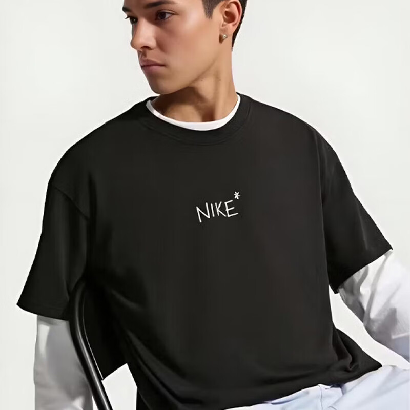 Nike Men's Sports T-Shirt Summer New Round Neck Loose Printed Casual Short Sleeve IV2646-010 Black L