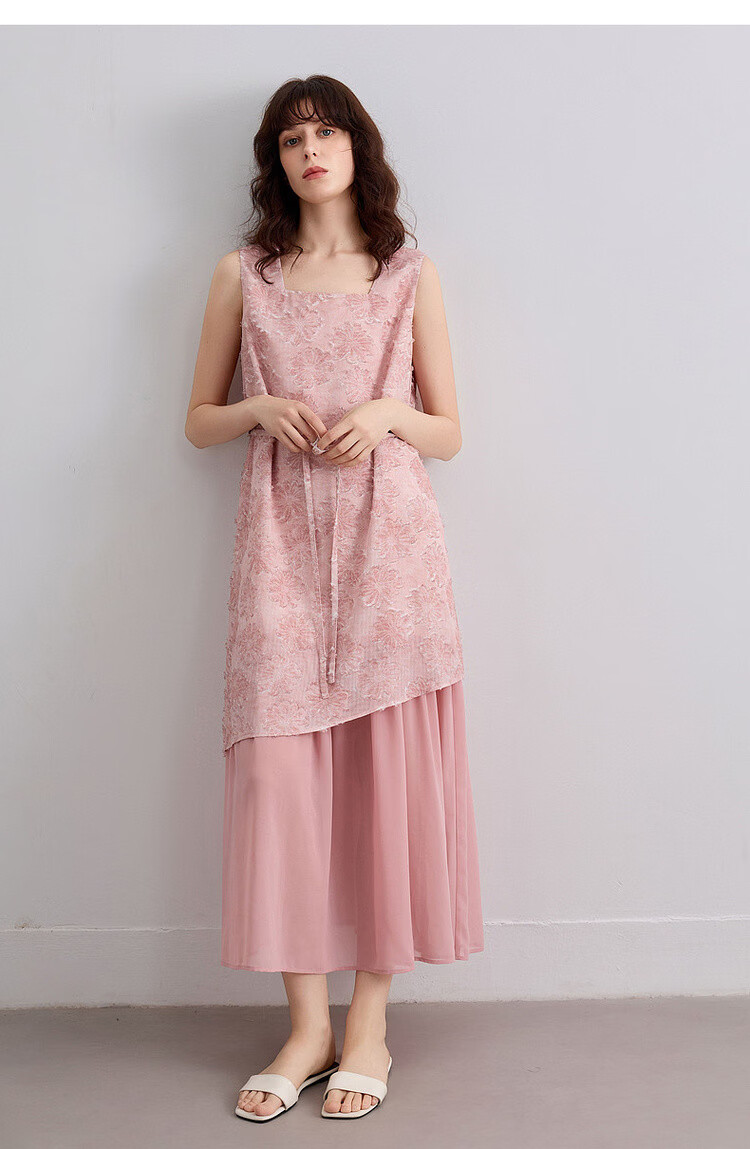 Demana Summer Faux Two-Piece Spliced Chiffon Lightweight Loose Sleeveless A-Line Mid-Length Dress with Cutwork and Print 23