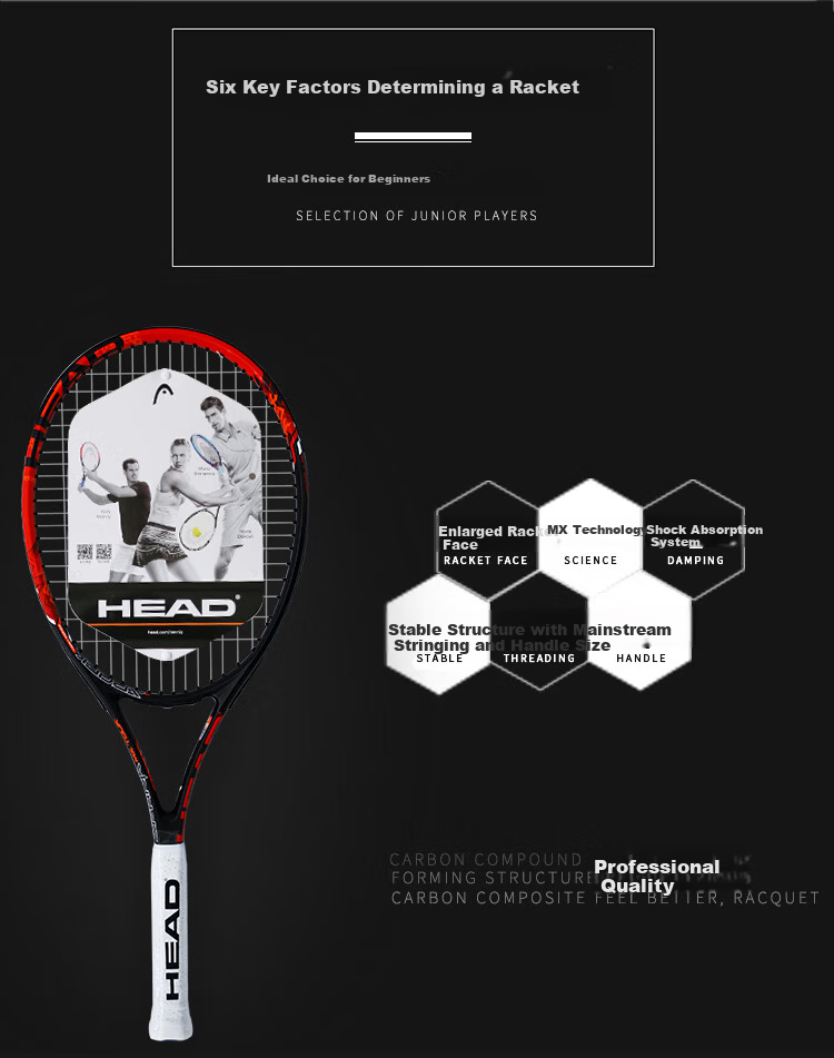 HEAD SPARK MX Tennis Racket Professional Beginner Training Carbon Composite Unisex Black Red with Tennis Grip and Vibration Dampener 2
