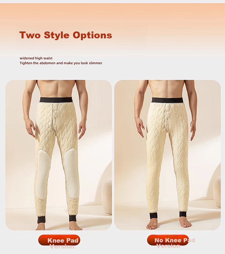 Langsha 100% Wool Men's Autumn Winter Fleece Lined Thickened Lamb Wool Thermal Pants High Waist Knee Protection Extra Thick Base Layer Pants Northeast Style 14