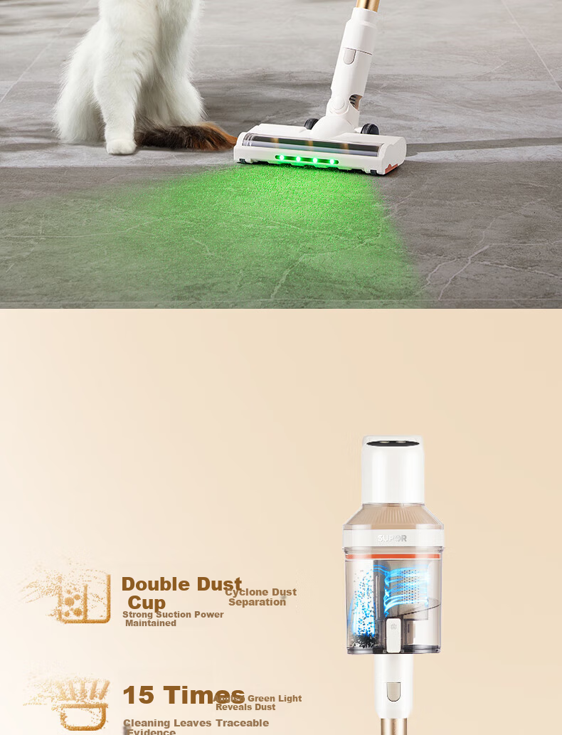 SUPOR Vacuum Cleaner [Dust Removal Tool] Home Wireless Handheld High Suction Wide Angle Green Light Dust Detection Car Vacuum Strong Suction Pet Hair Vacuum Cleaner [Anti-Tangle] V86 4