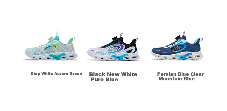 XTEP Children's Shoes for Boys, Hollow Frame Breathable Rotating Buckle Running Shoes for Older Kids, Black/new White/pure Blue, Size 33 5