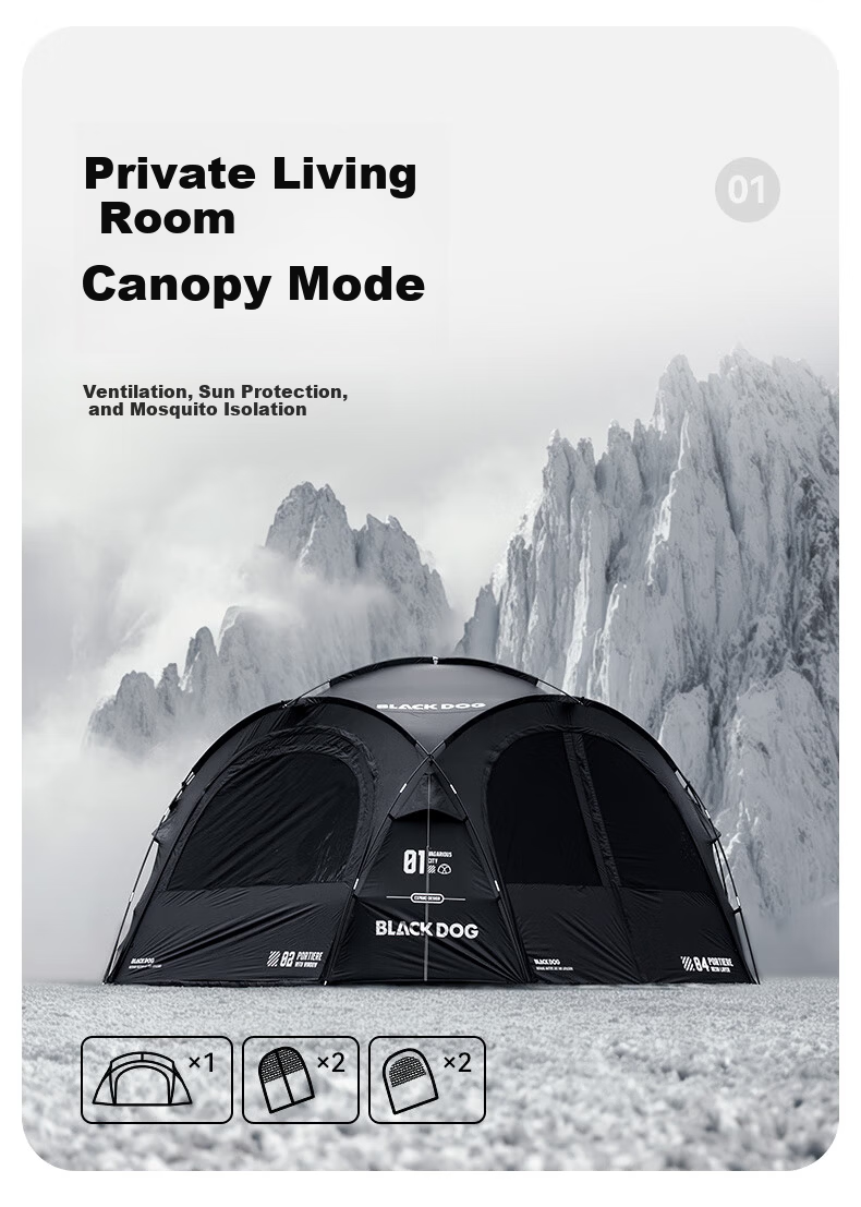 Black Dog Outdoor Large Dome Tent, Quick Assembly Sunshade Spherical Canopy, Gers, Pavilion, Expandable Dome Body 6