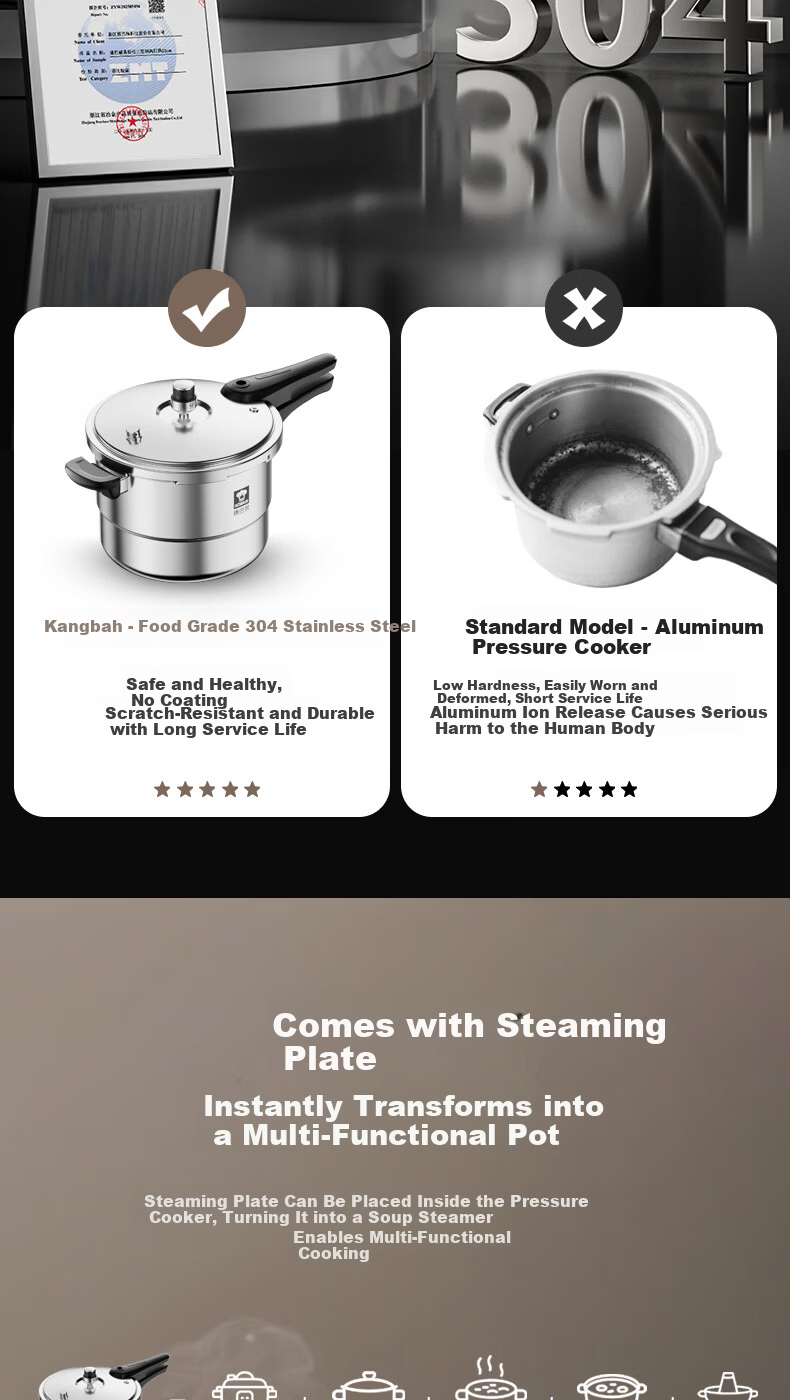 KBH 304 Stainless Steel 6L Pressure Cooker 22cm Steamer Fast Cooking Explosion-Proof High Pressure Pot Compatible with Gas and Induction Cookers 4