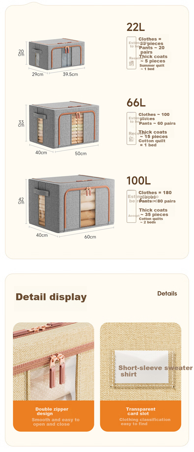 Meiliya Fabric Storage Box Clothes Quilt Organizer Wardrobe Storage Box Bin Double Window Gray 66L 10