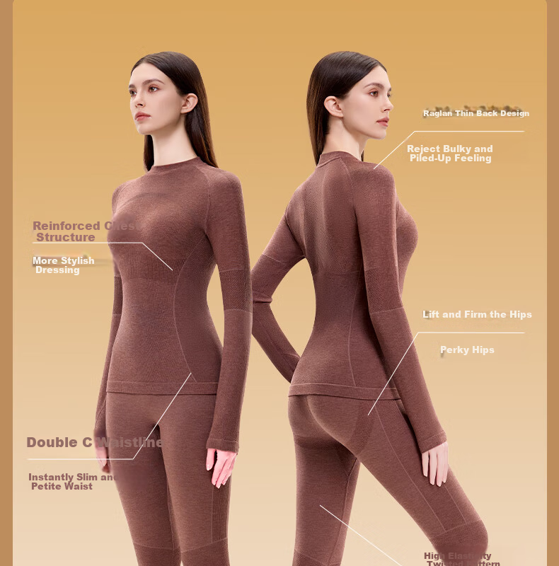 GRACEWELL Women's Thermal Sportswear Autumn Winter Wool Heat Retaining Slim Fit Base Layer Set Autumn Top and Bottom Cocoa Brown F 7