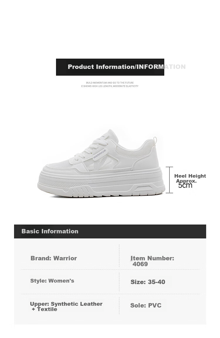 Warrior Official Women's Sneakers 2026 Summer Thick Sole Height Increasing Breathable Mesh White Shoes White Size 37 5