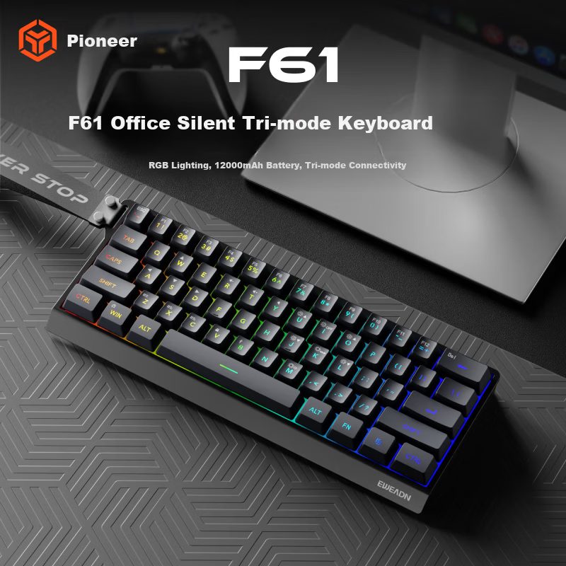 EWEADN F61 Wireless Keyboard Wired Bluetooth Tri-mode Silent Mechanical Feel Gaming Portable 61-Key Membrane Keyboard for PC Laptop Tablet iPad