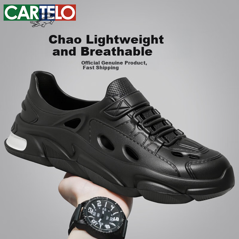 CARTELO Men's High-End Breathable Open-Toe Slippers Casual Outdoor Sandals Hole Shoes JF04 Black Size 44-45