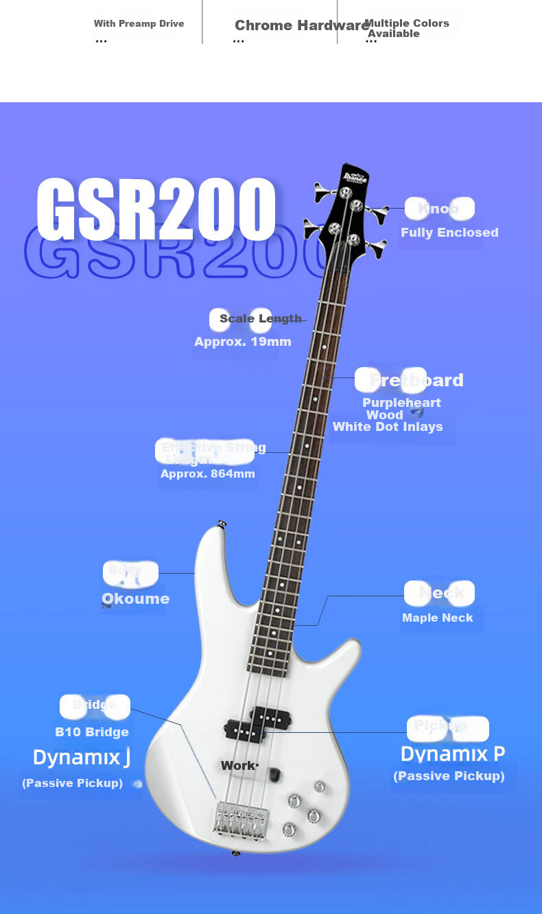IBANEZ GSR320-BK Black Passive Pickup Electric Bass Guitar for Beginners, Men And Women, Four-String Bass 6