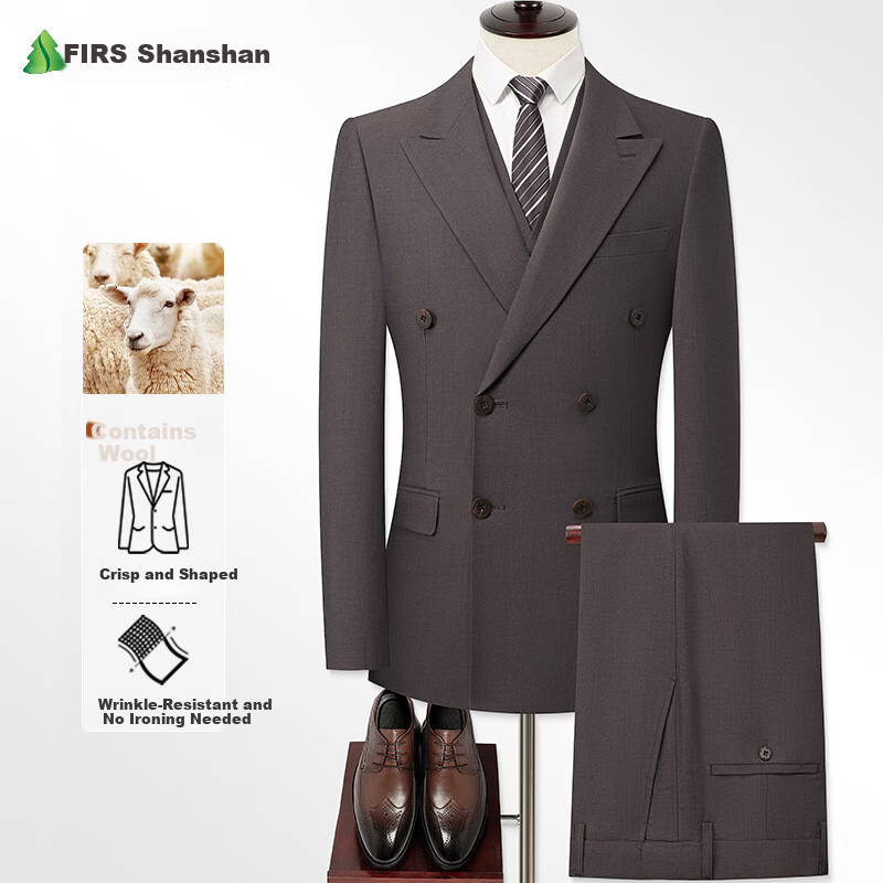 FIRS Wool Blend Three-Piece Suit Men's Slim Fit Professional Business Groom Wedding Formal Wear