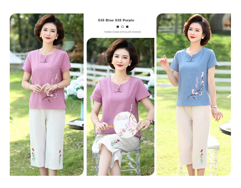 Hengyuanxiang Middle-aged Mom Summer Cotton Embroidered Short Sleeve T-shirt Casual Homewear Cotton Linen Women's Clothing for Middle-aged and Elderly 8