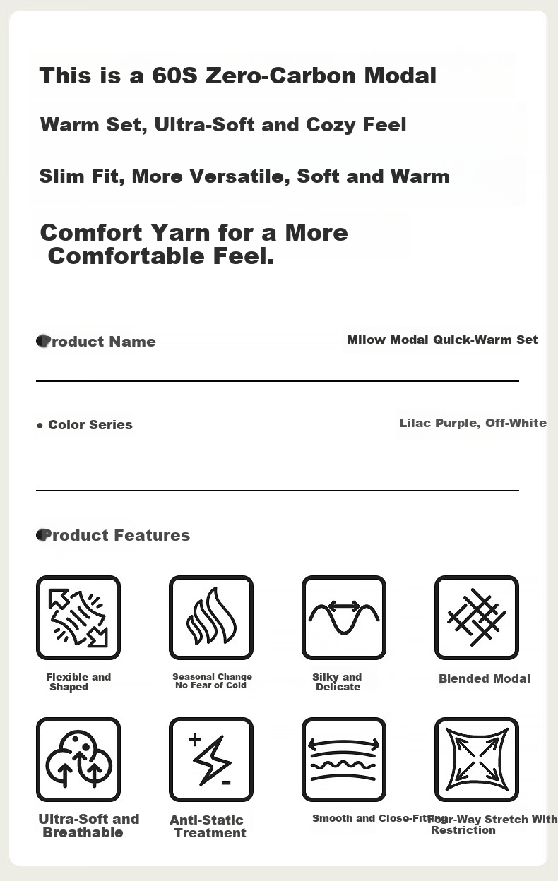 MiiOW Women's Thermal Underwear Set Modal Base Layer Antibacterial Seamless Lightweight Autumn Top and Bottom 1
