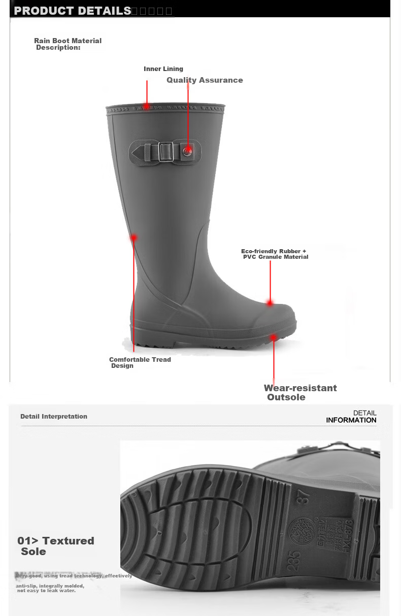 Warrior Women's Fashion Adult High Tube Rain Boots Waterproof Shoes Rubber Boots HXL73-B Gray Size 36 4