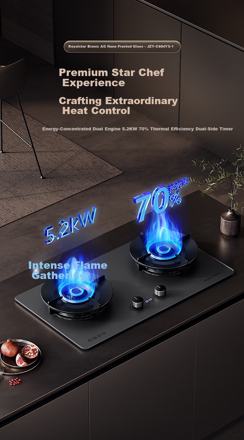 Royalstar Built-in Natural Gas Stove Double Burner 5.2kW High Flame Dual Timer AG Glass Cooktop First-Class Energy Efficiency 70% Thermal Efficiency JZT-C604YS-1 2