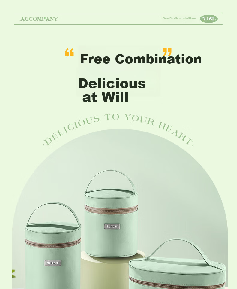 SUPOR 316L Stainless Steel Lunch Box Pot Two-Piece Set with Basil Green Lunch Bag for Students and Office Workers Outdoor Bento Box 20