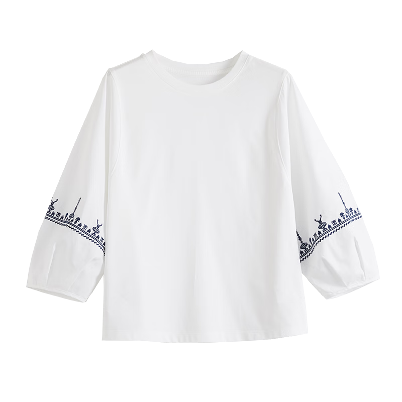 Sllsky Bohemian Embroidered White T-Shirt for Women 2026 Spring Summer New Loose Casual Three-Quarter Sleeve Top