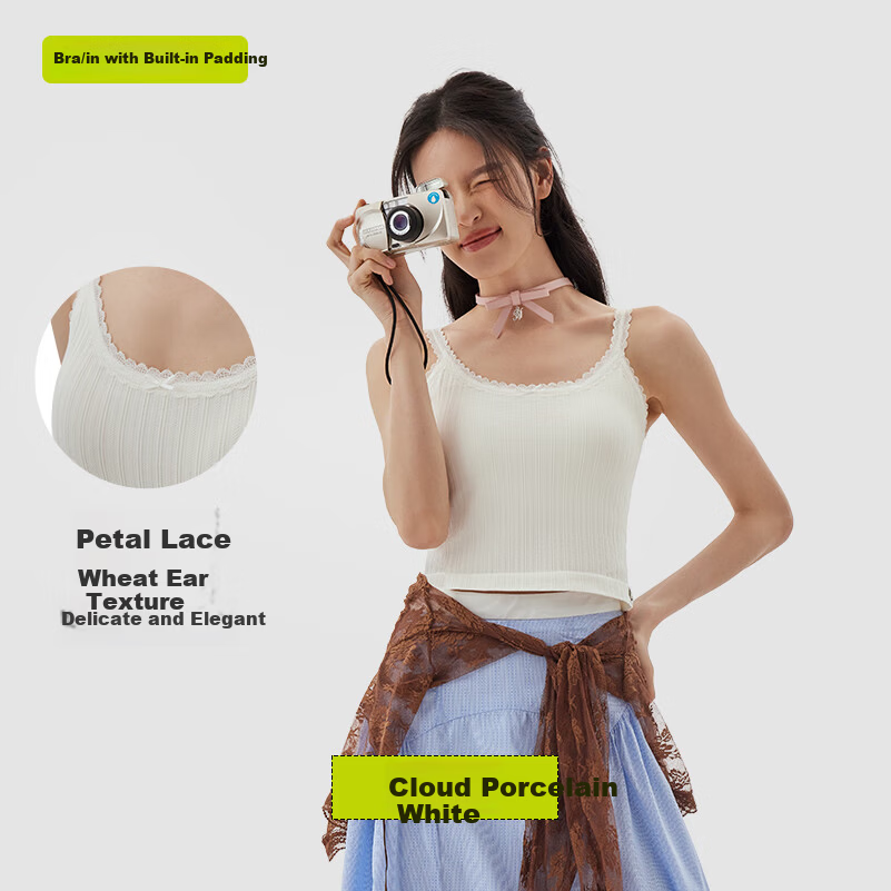 Banlian Lace White Padded Camisole Women's Summer New Strap Vest Bra-Free Backless Outerwear Top