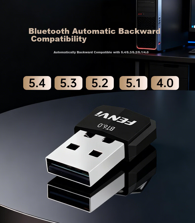 Fenvi USB Bluetooth 6.0 Adapter Driver-Free Bluetooth 6.0 Receiver for Desktop PC Bluetooth Module Wireless Keyboard Mouse Speaker Headset Game Controller Connection 6