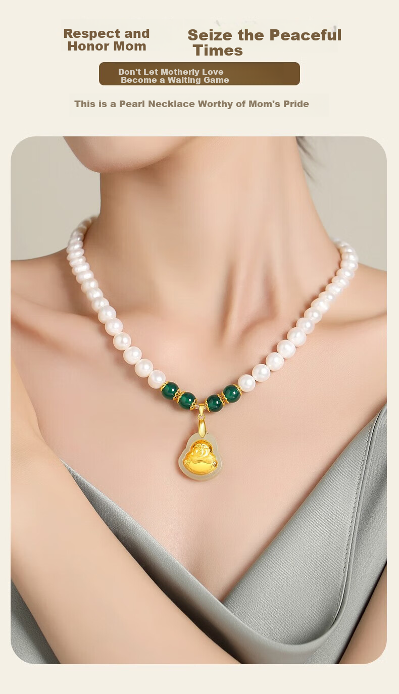 Chow Tai King Freshwater Pearl Necklace for Women, Gold Inlaid Jade Buddha Pendant, Mother's Day Gift for Mom and Elders, Birthday Present 6