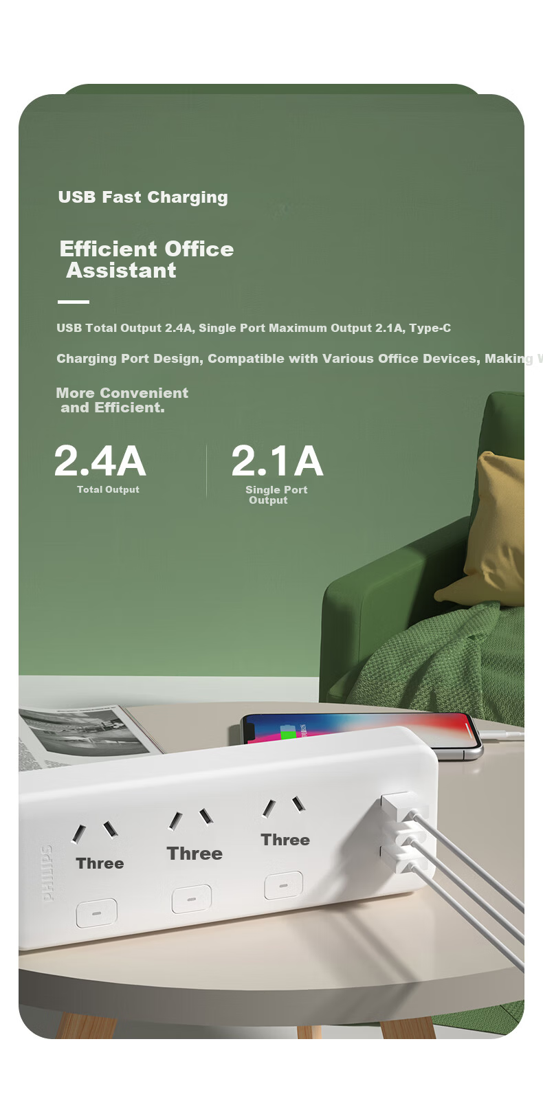 PHILIPS 30W GaN Fast Charging Surge-Protected Power Strip 6-Outlet Combo with Master Control 1.8m High Power Protection Extension Cord 4