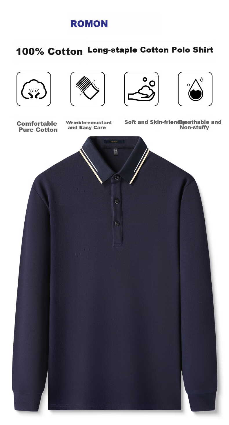 ROMON 100% Cotton Long Sleeve Men's Polo Collar Business Casual Knit Shirt Spring Autumn 1
