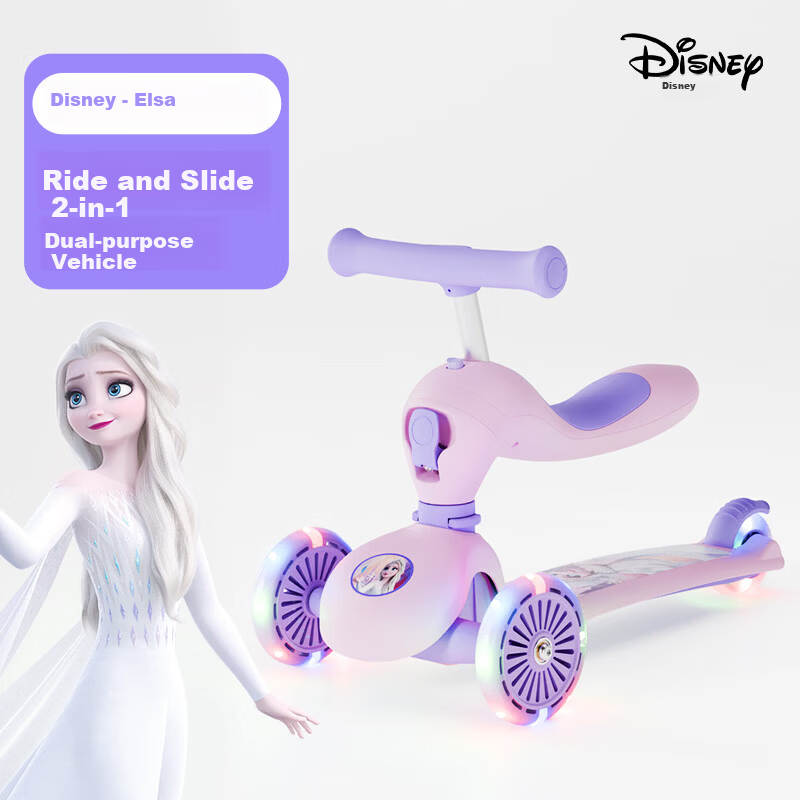 Disney Kids Scooter 1-3 Years Toddler Ride-On Walker 2-in-1 Flashing Wheels Elsa Princess Girl