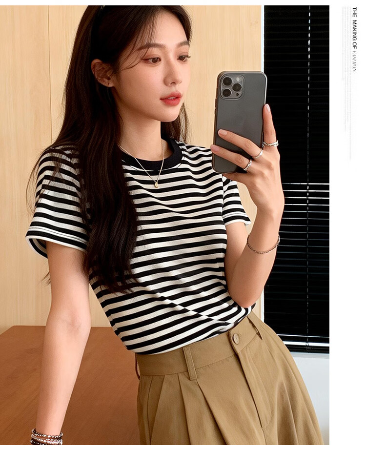 Yiershuang Women's Summer Base Layer T-Shirt, Lyocell Tencel Thin Striped Slimming Short Sleeve Top 15