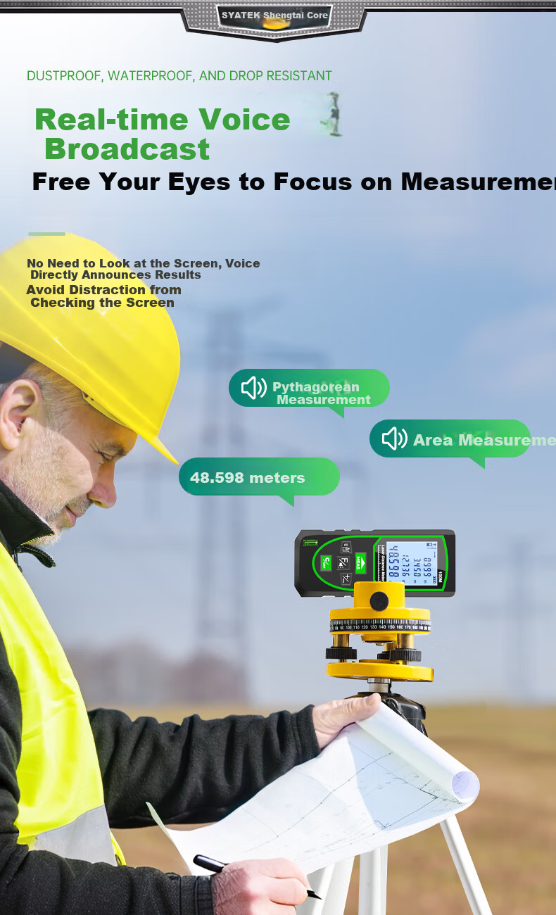 SYNTEK Laser Distance Meter High-Precision Green Light Outdoor Measuring Device Smart Handheld with Lithium Battery 70m 10
