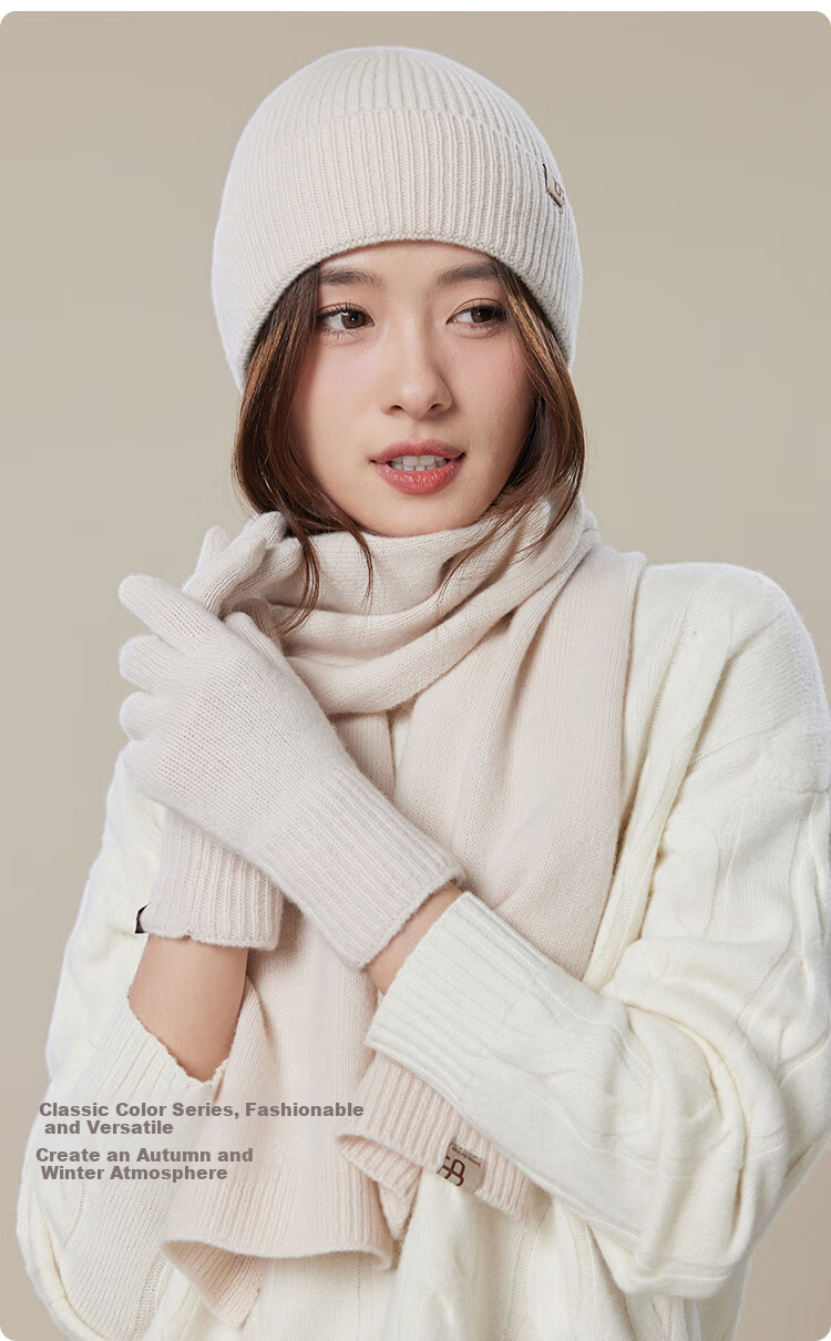 JIUMU Pure Wool Warm Scarf, Hat, and Gloves Set for Women Winter Birthday New Year Gift Box 6