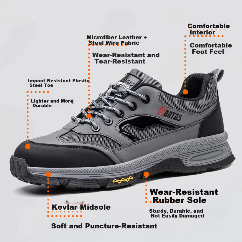 SONTAS Men's Summer Breathable Safety Shoes Anti-Smash Anti-Puncture Steel Plate Steel Toe Lightweight Ultra-Soft Work Insulated Comfortable Ultra-Light Gray Four Seasons - Anti-Smash Anti-Puncture In 1