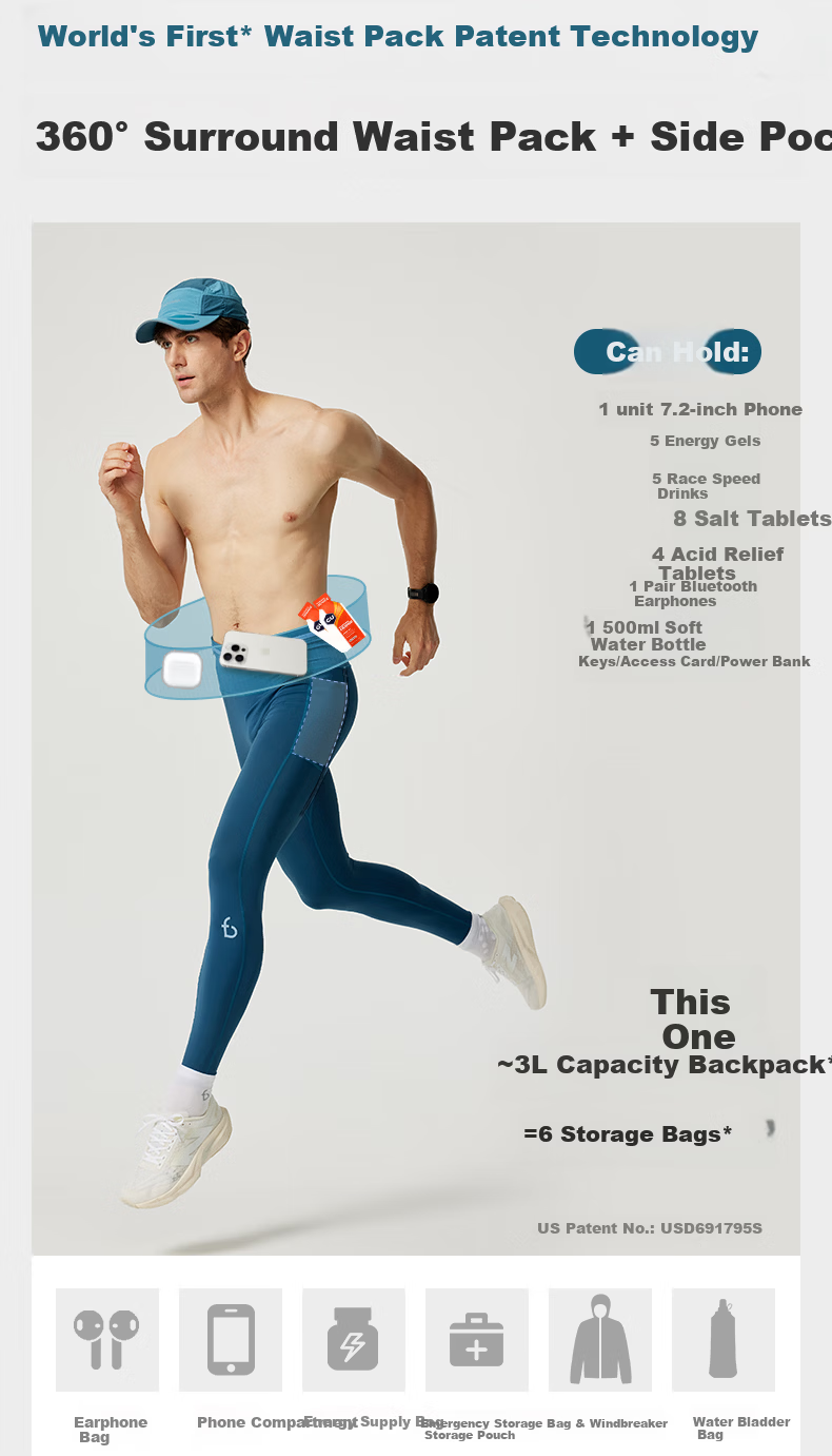 Feibit Thin Fleece Long Pants 3.0 Men's Sweat-Wicking Running Compression Waist Bag Pants Warm Fleece Twilight Blue M 5