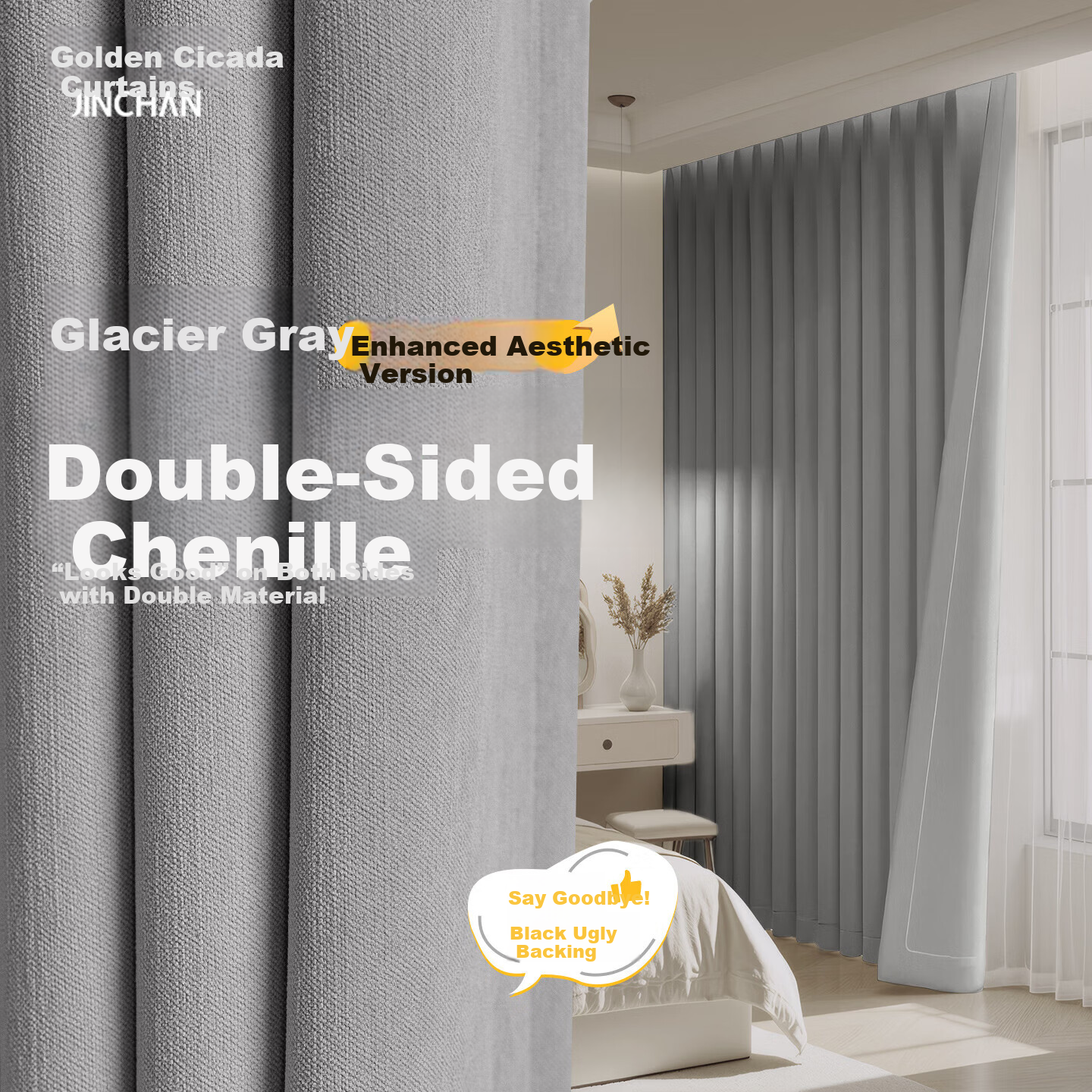 Golden Cicada Home Blackout Double-Sided Chenille Curtains with Hooks, Glacier Gray 150*180cm