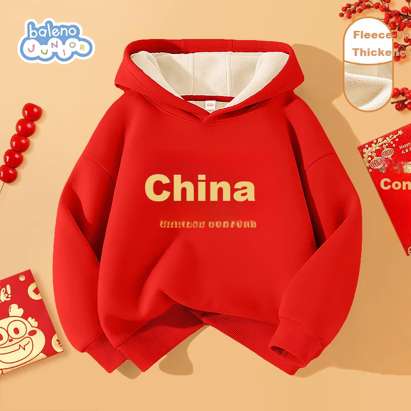 Baleno Boys Red Fleece Lined Hoodie Winter Sweatshirt Kids New Year Clothing Big Boys Lunar New Year Top
