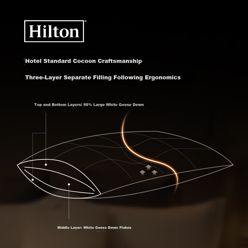 Hilton 95% White Goose Down Pillow Hotel Grade 100-Thread Count Class A Down Pillow Single 48x74cm Medium Pillow