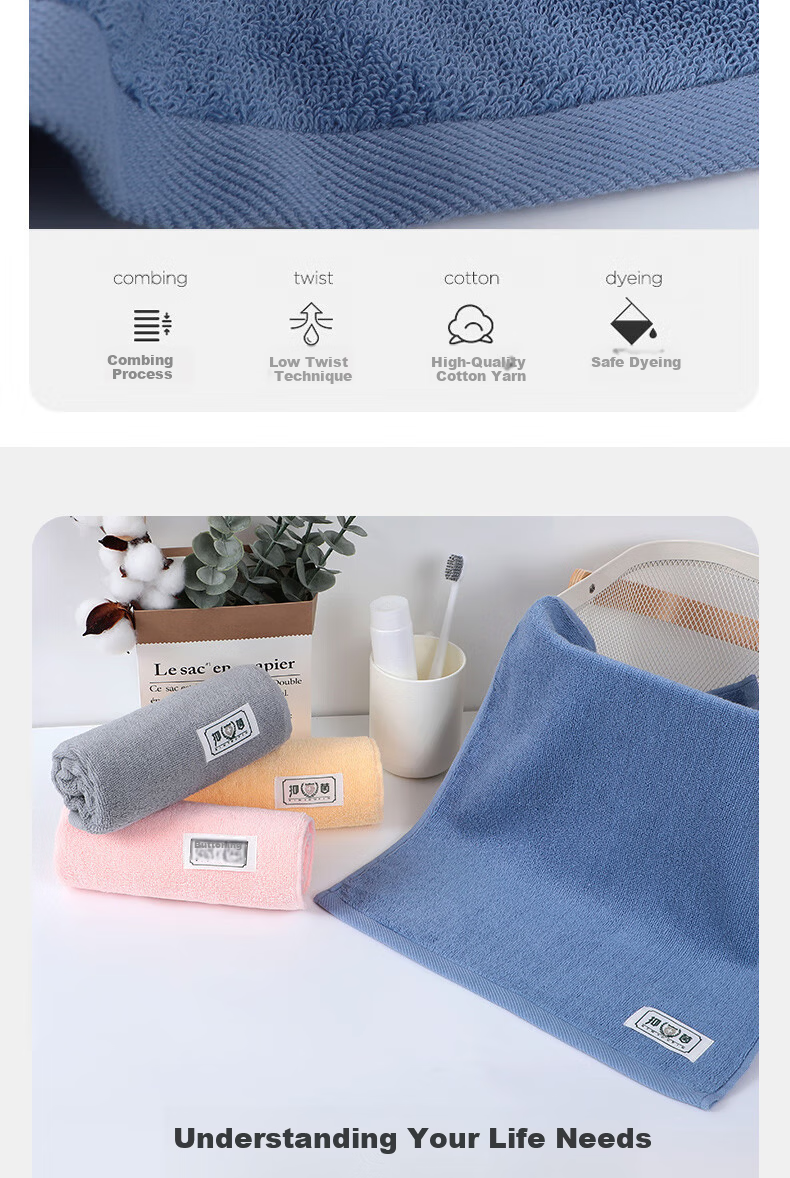 Grace Pure Cotton Grade 3 Antibacterial Towels 2-Pack Combed Cotton Unisex Face and Bath Towels 90g Blue+Gray Sports 5