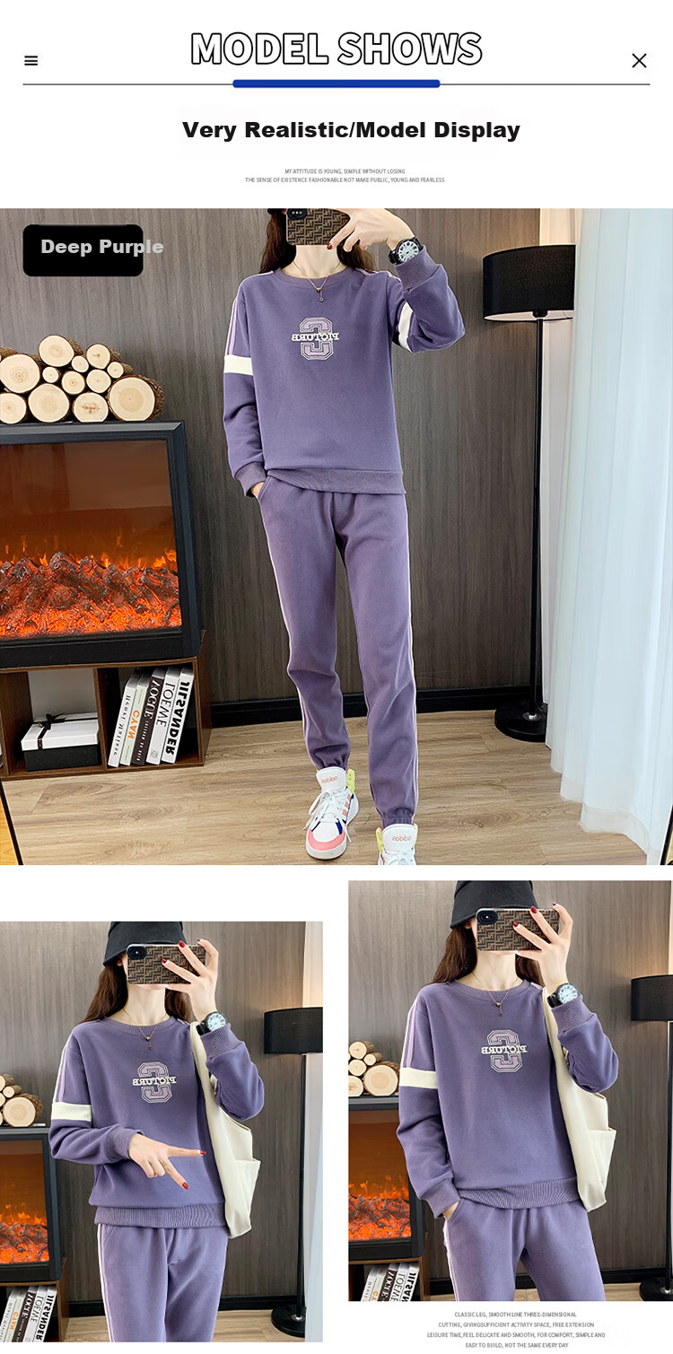 Woodpecker Women's Sports Long Sleeve Set Autumn Fashion Slim Casual Plus Size Sweatshirt Two-Piece Light Purple 2XL 4