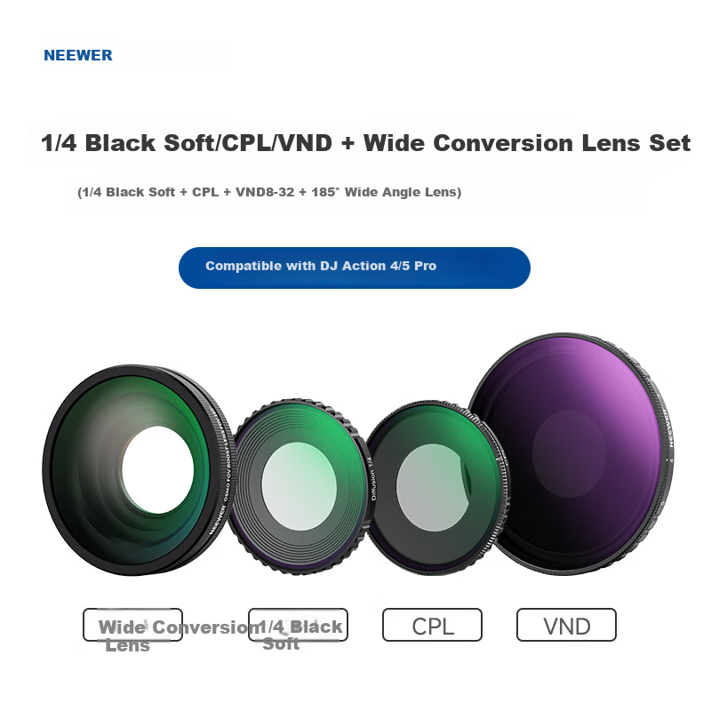 NEEWER 4-Piece Filter Set for DJI Action 4/5PRO Sports Camera (CPL/VND8-32/1/4 Black Soft/Close-Up Lens) Threaded Black Version