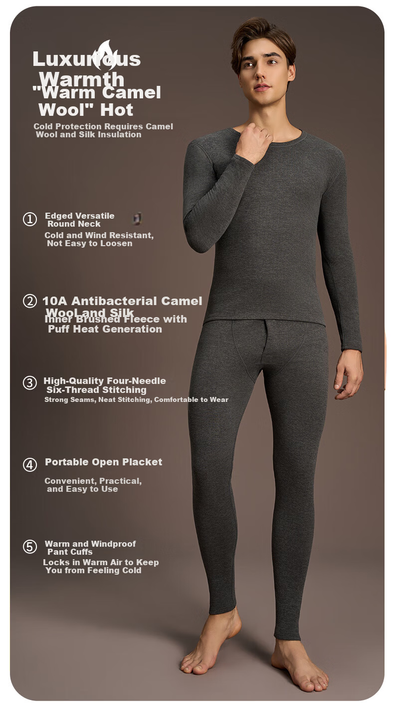 GUJIN Men's Thermal Set Camel Hair Silk Autumn Winter Base Layer Fleece Lined Quick Warm Antibacterial 10A 13