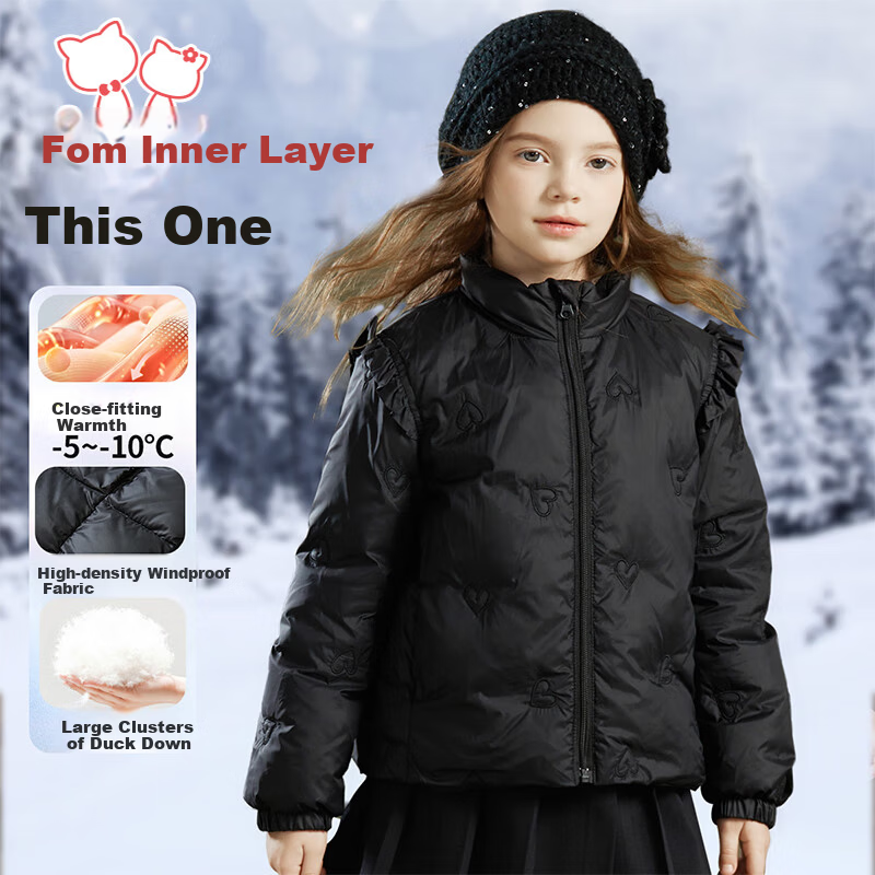 Follow Me Girls Lightweight Down Jacket Winter Children's White Duck Down Short Stylish Warm Coat Black 120cm