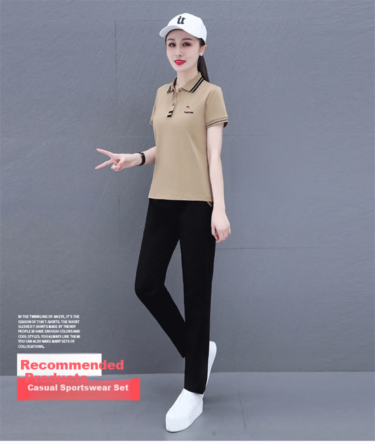 Woodpecker Pure Cotton Casual Sports Polo Set for Women Summer Fashion Youthful Middle-aged Mom Two-piece Set Royal Blue L 1