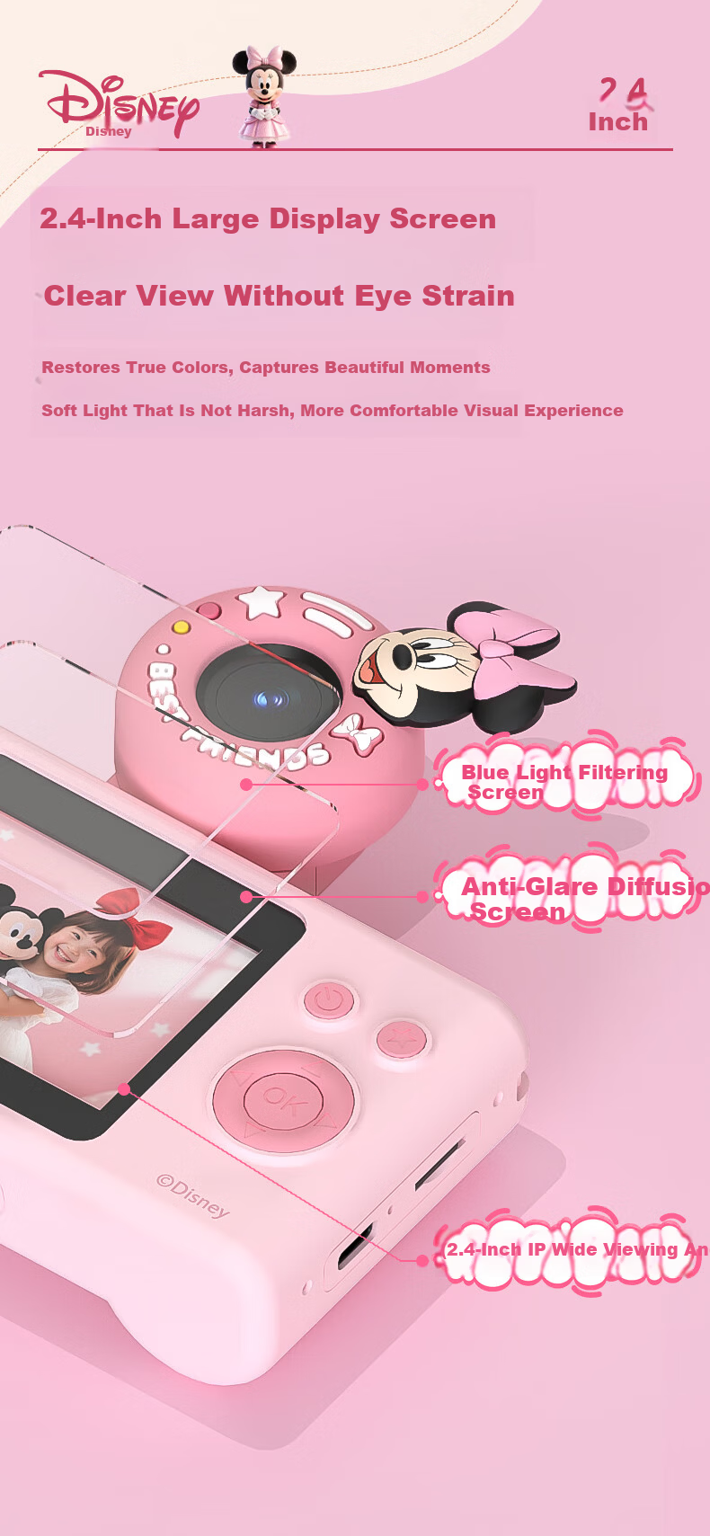 Disney Kids Camera CCD Digital Camera Entry-Level Student Camera Travel Portable Toy for Boys and Girls Birthday Gift Box C1 Minnie 7