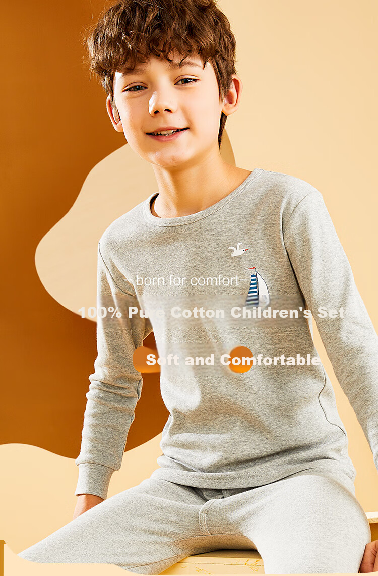 Hodohome Kids Pure Cotton Printed Class A Autumn Clothes and Pants Boys Thin Warm Underwear Set Large Children Cotton Sweater 140 1