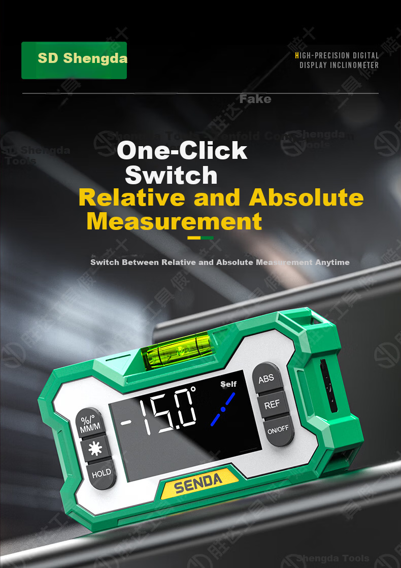 Shengda High-Precision Digital Inclinometer Box Electronic Digital Display Green Light Level with Magnetic Angle Meter Slope Gradient Ruler 10