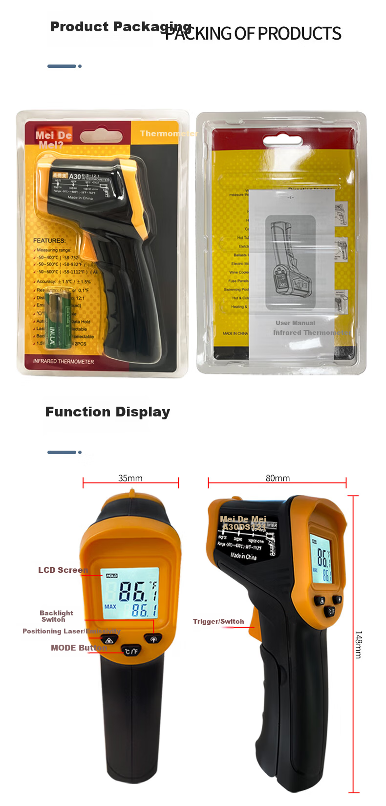 Meidemei Infrared Thermometer High-Precision Temperature Gun Industrial Kitchen Baking Oil Thermometer Water and Milk Thermometer A30 7