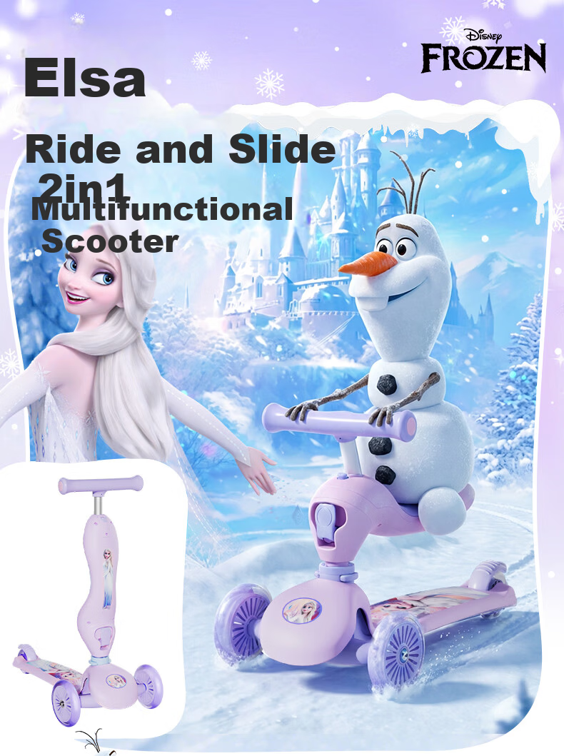 Disney Kids Scooter 1-3 Years Toddler Ride-On Walker 2-in-1 Flashing Wheels Elsa Princess Girl 1