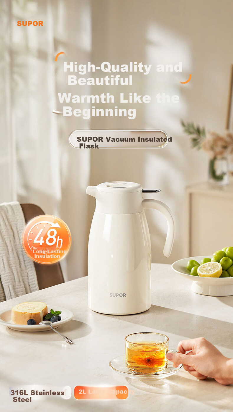 Supor 316L Stainless Steel Insulated Thermos Flask 2L Cream White Large Capacity Home Office Hot Water Bottle 1
