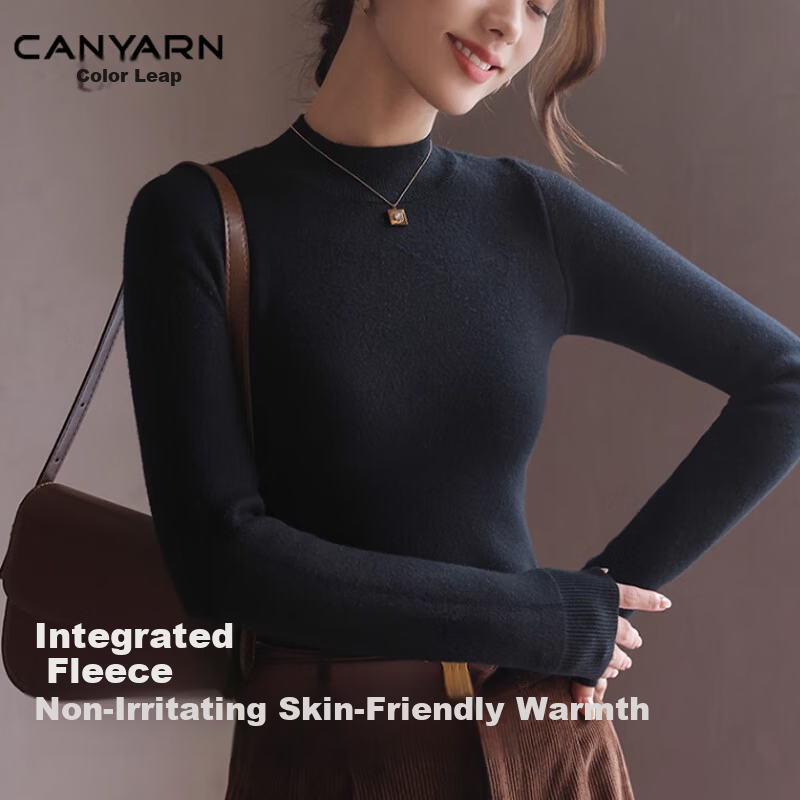 Caiyue Women's Knitted Thermal Fleece-Lined Half Turtleneck Sweater Autumn Winter Thick Warm Pullover