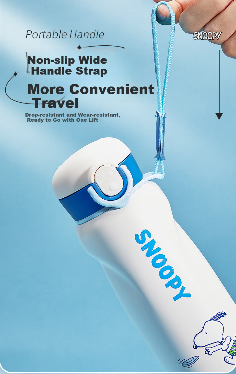 SNOOPY Children's Insulated Cup 316 Stainless Steel Boys and Girls Elementary School Students Portable Direct Drinking Bottle Water Cup with Lanyard 480ml Blue 5