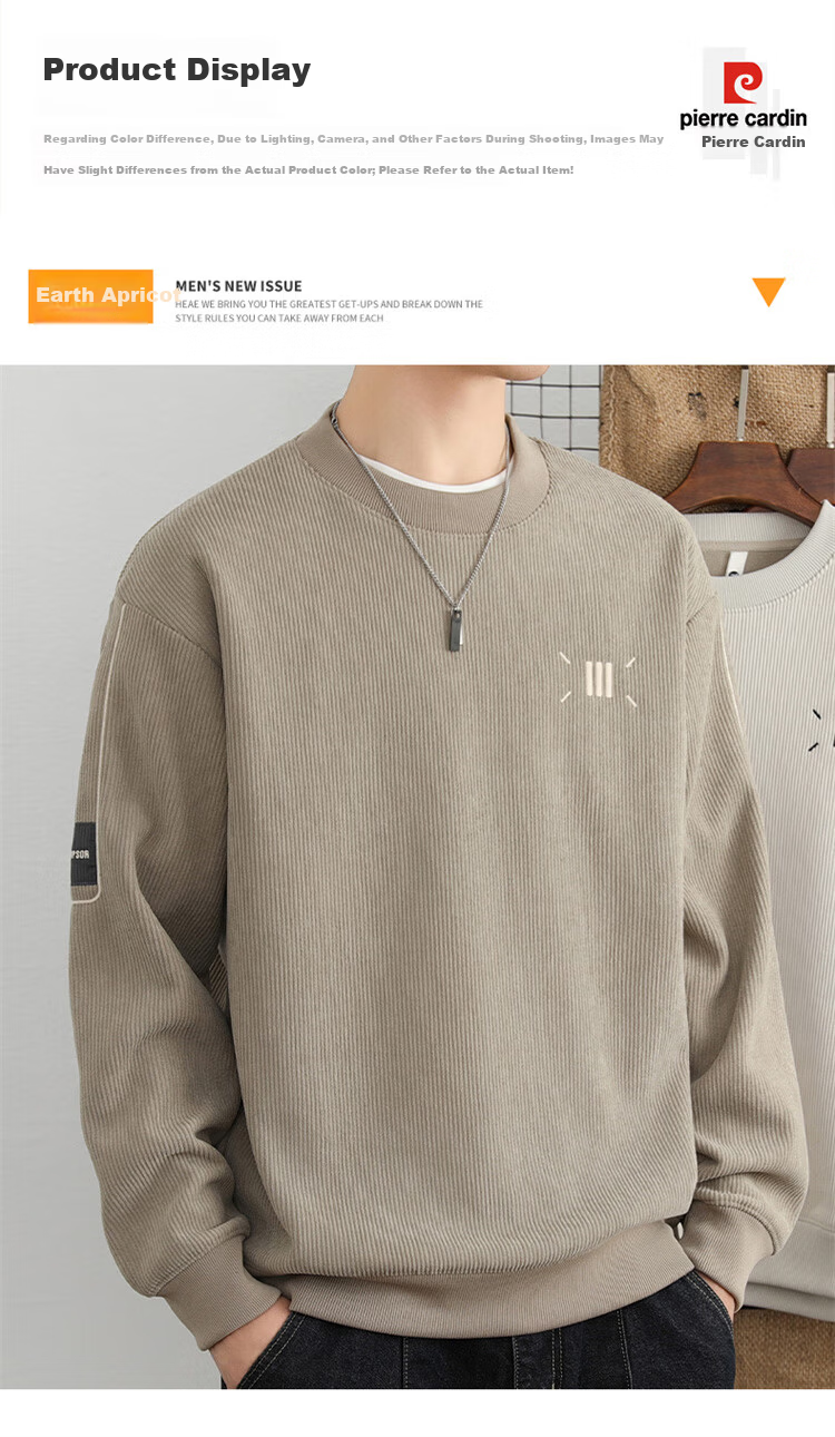 Pierre Cardin Men's Sweatshirt Spring and Autumn Korean Style Loose Fit Crew Neck Long Sleeve T-Shirt Earth Apricot 3XL 2